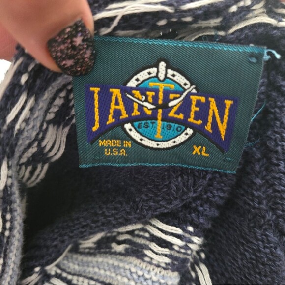 Vintage 90s Jantzen Mens Blue Textured Aztec Grandpa Sweater - Picture 4 of 11